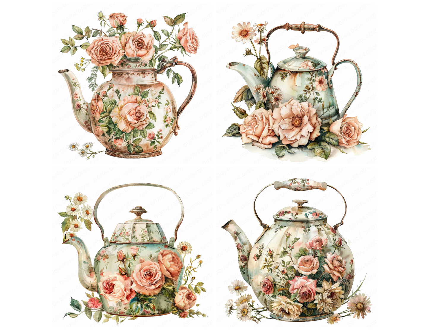 Close view of Vintage Rustic Floral Teapot clipart highlighting illustration detail and cohesive colour tones