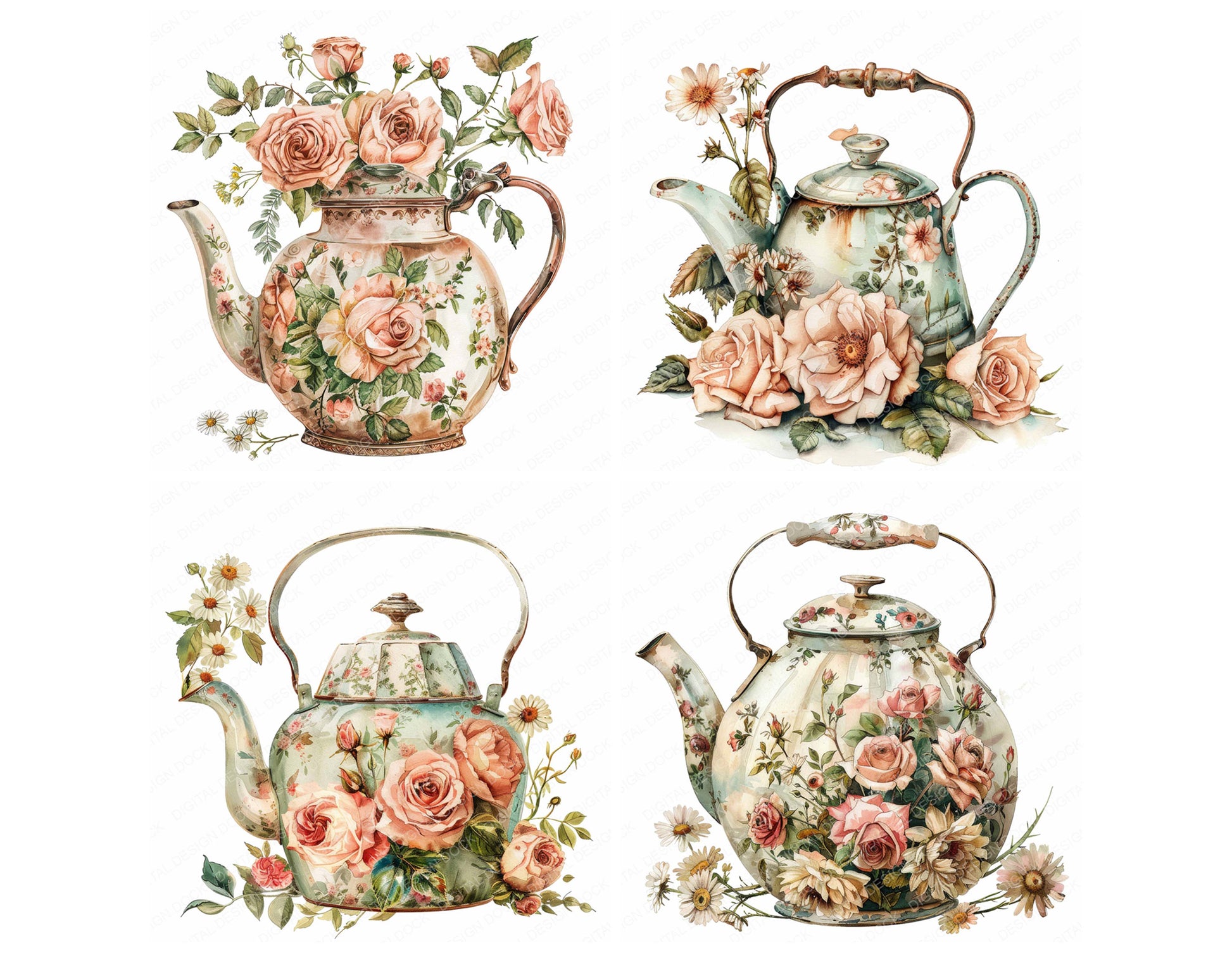 Close view of Vintage Rustic Floral Teapot clipart highlighting illustration detail and cohesive colour tones