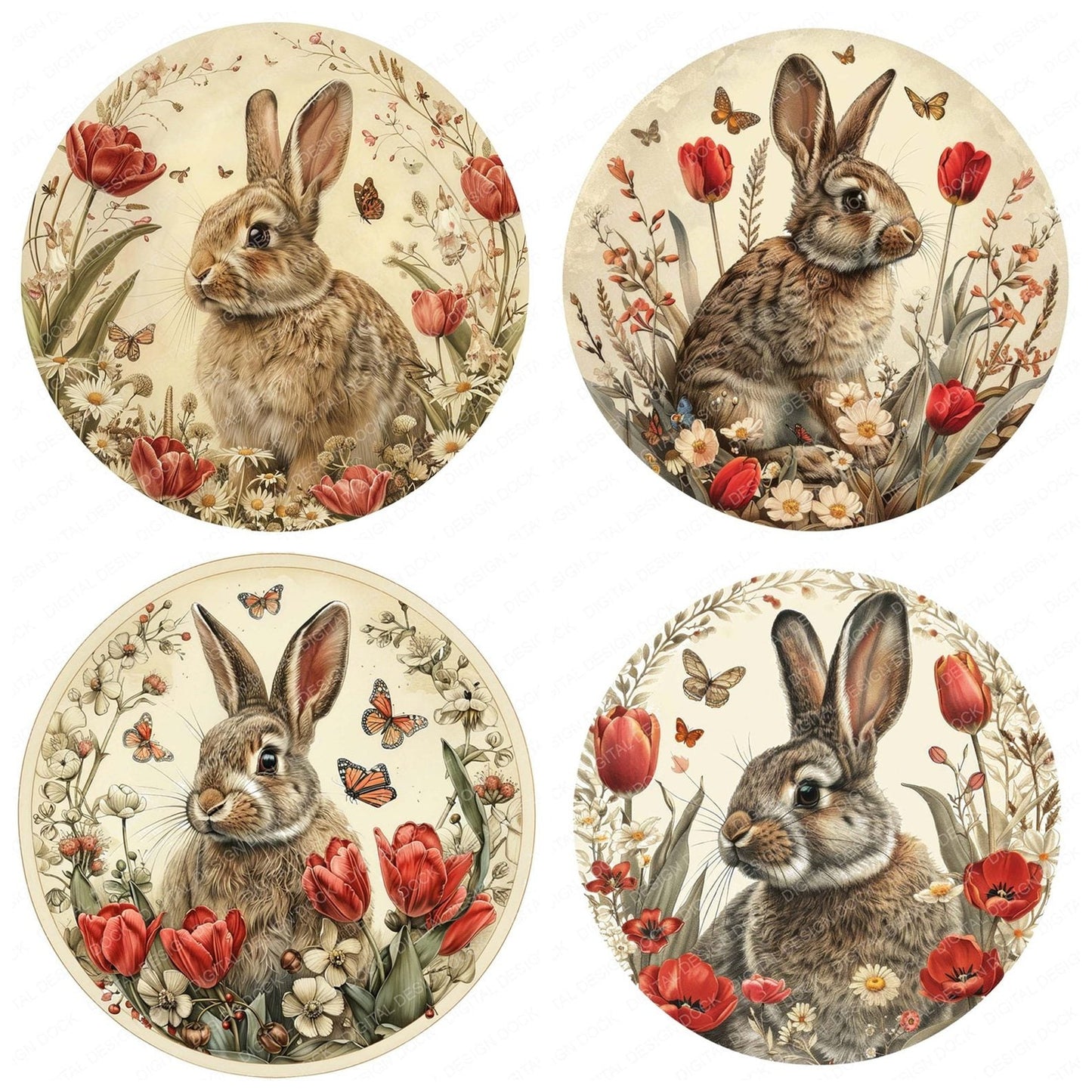 Vintage Springtime Rabbit Illustration Clipart Set (DDD006921)