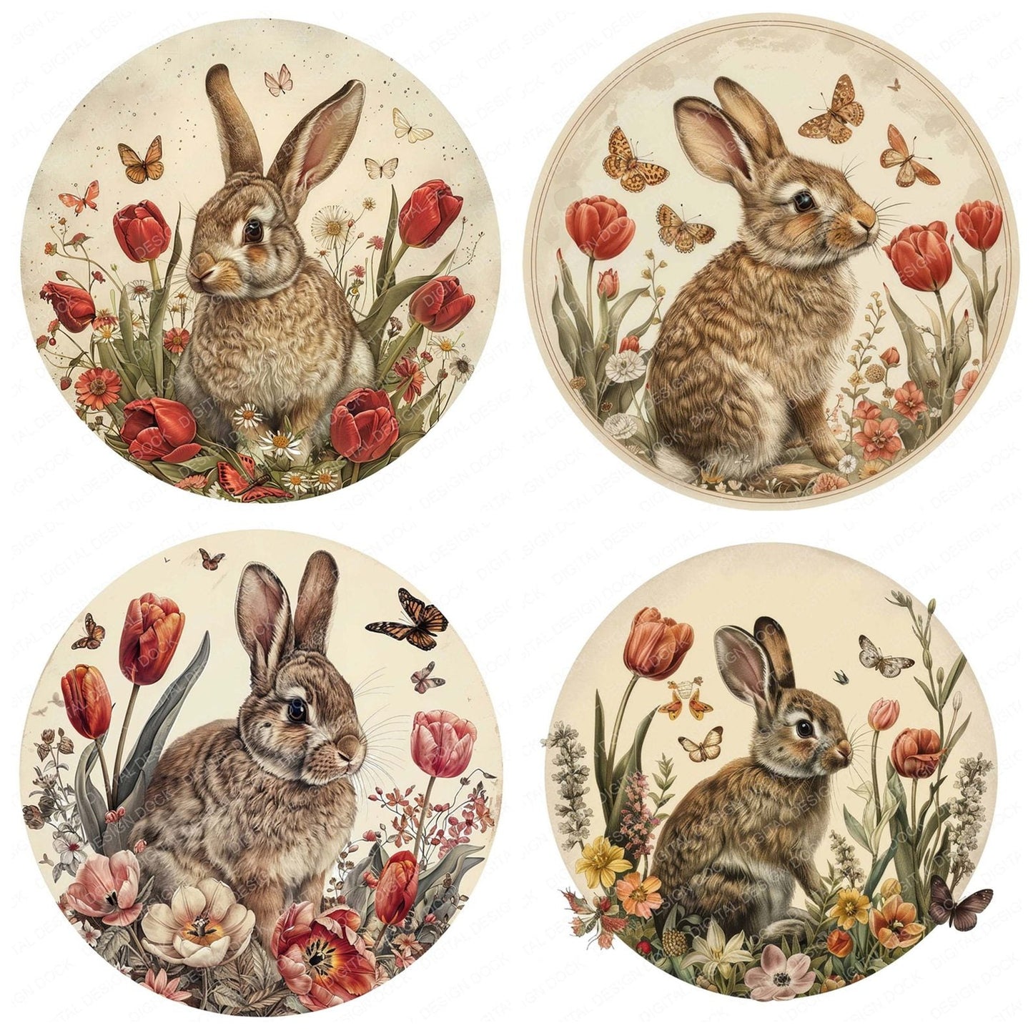 Vintage Springtime Rabbit Illustration Clipart Set (DDD006921)