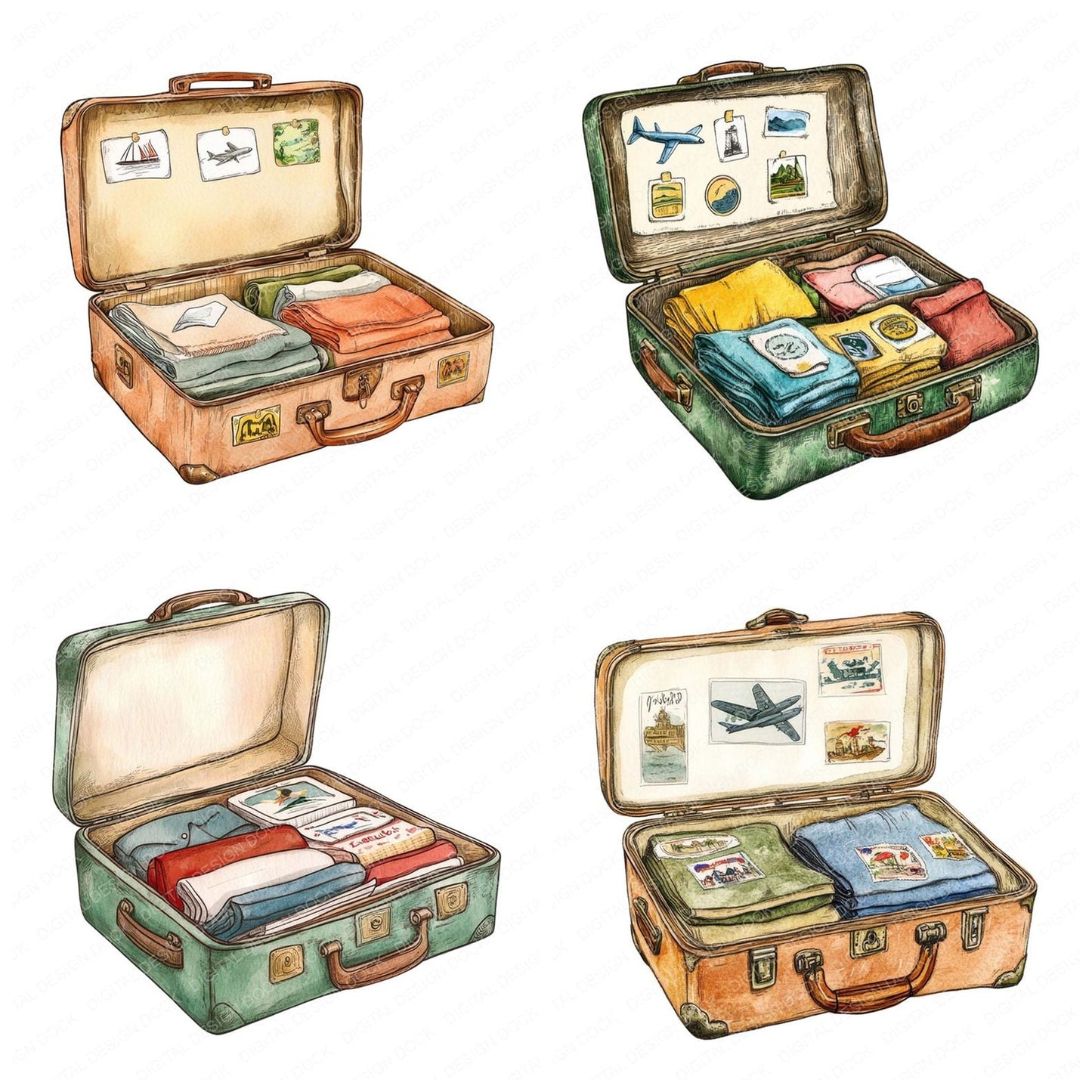 Vintage Travel Suitcase Clipart Set (DDD006930)