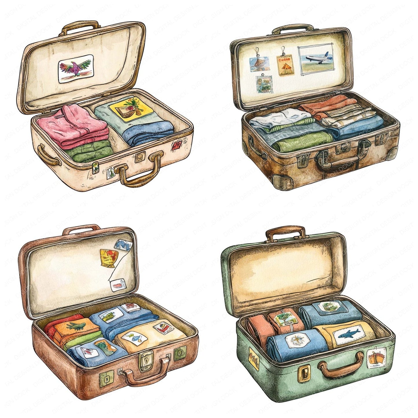 Vintage Travel Suitcase Clipart Set (DDD006930)
