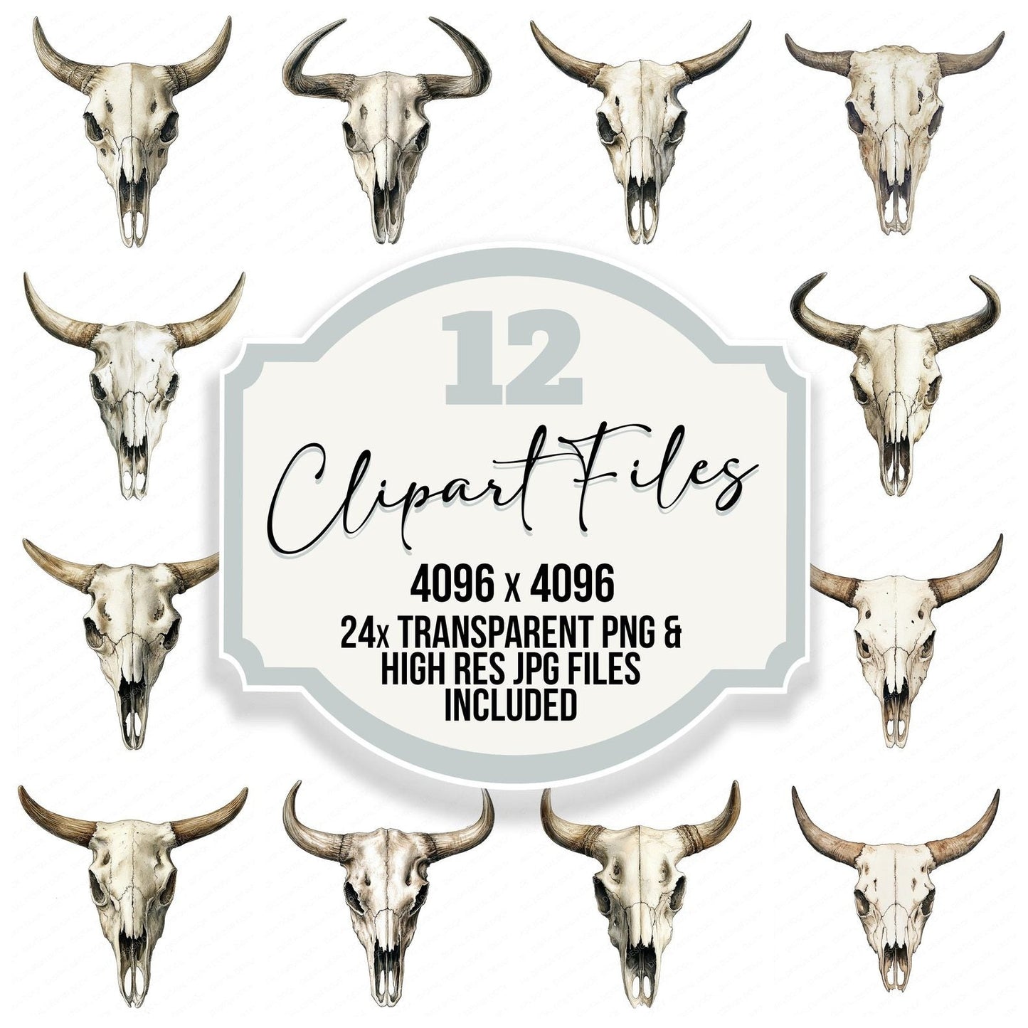 Vintage Watercolour Cow Skull Clipart Set (DDD006940)