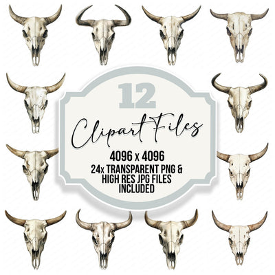 Vintage Watercolour Cow Skull Clipart Set (DDD006940)