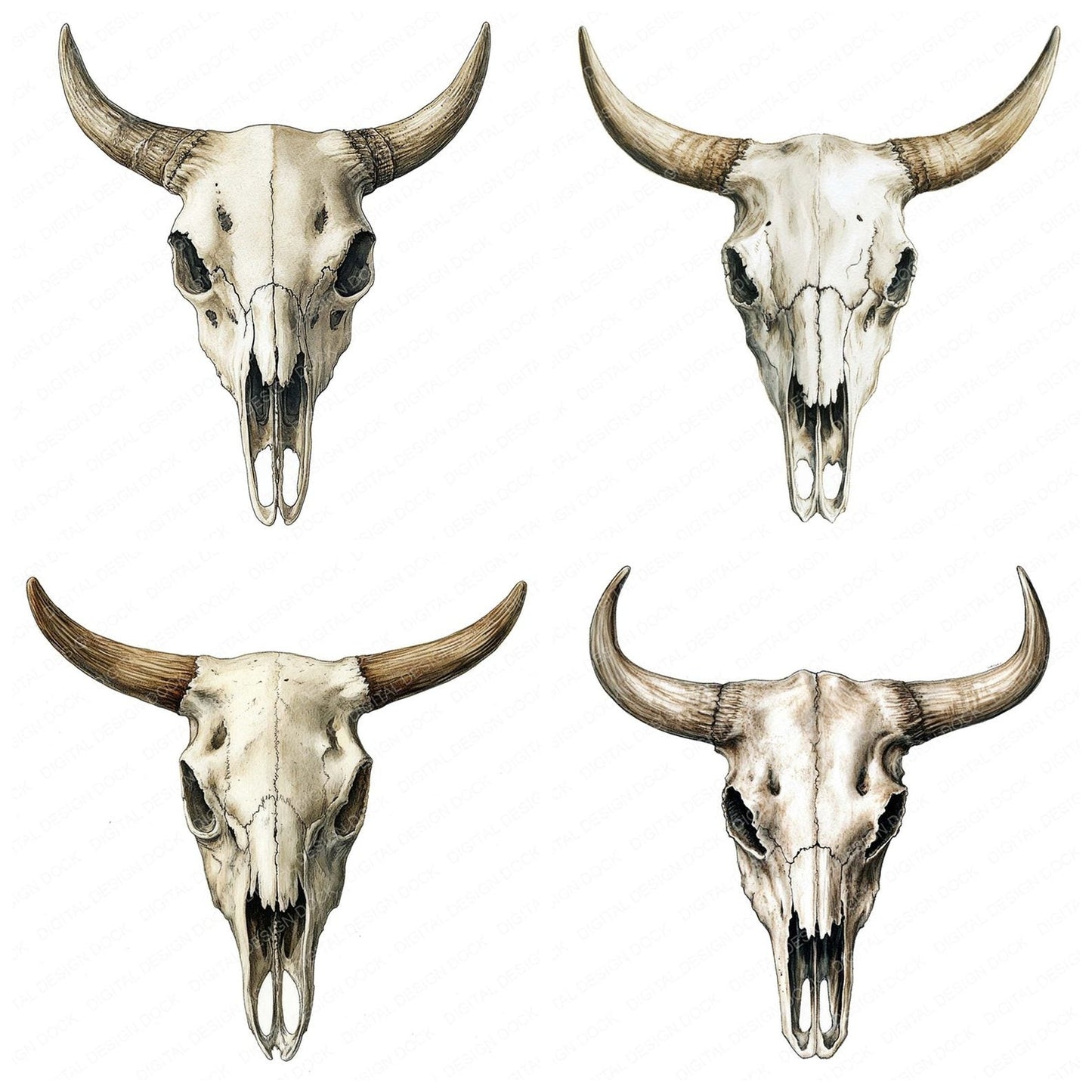 Vintage Watercolour Cow Skull Clipart Set (DDD006940)