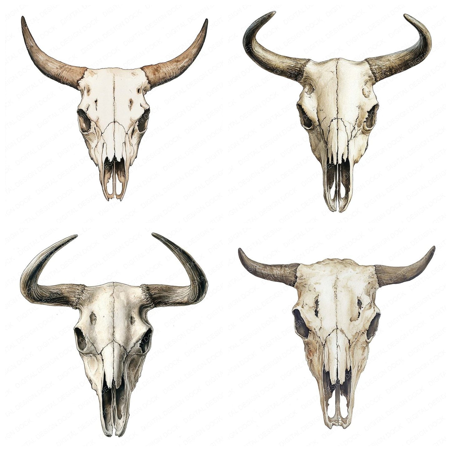Vintage Watercolour Cow Skull Clipart Set (DDD006940)