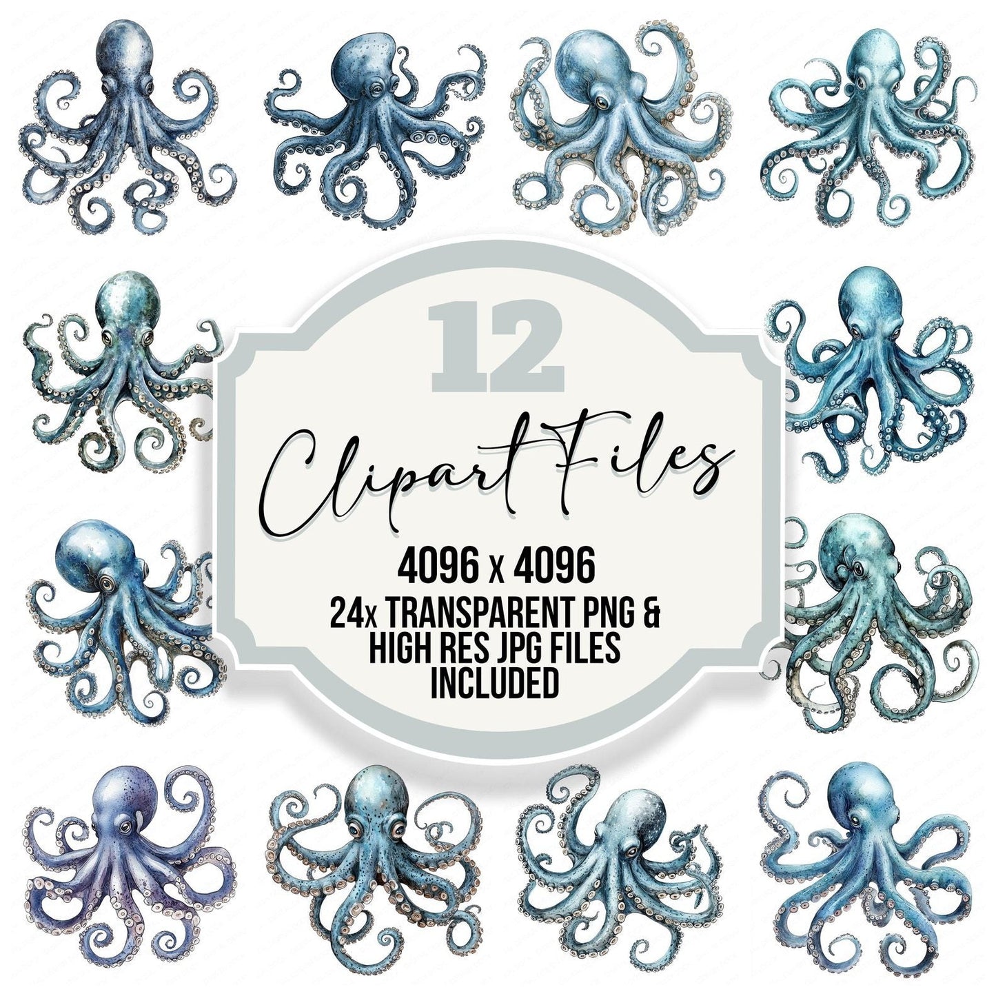 Vintage Watercolour Octopus Clipart Set (DDD006943)