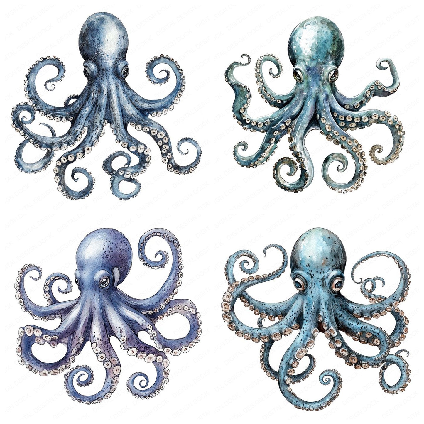 Vintage Watercolour Octopus Clipart Set (DDD006943)
