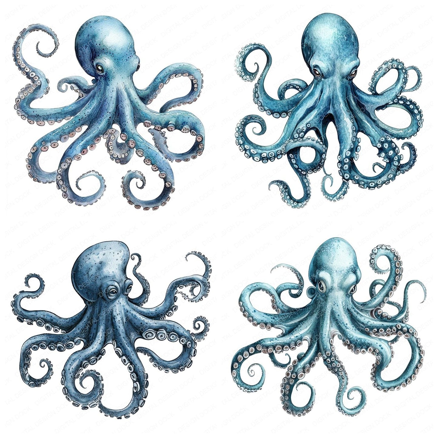 Vintage Watercolour Octopus Clipart Set (DDD006943)