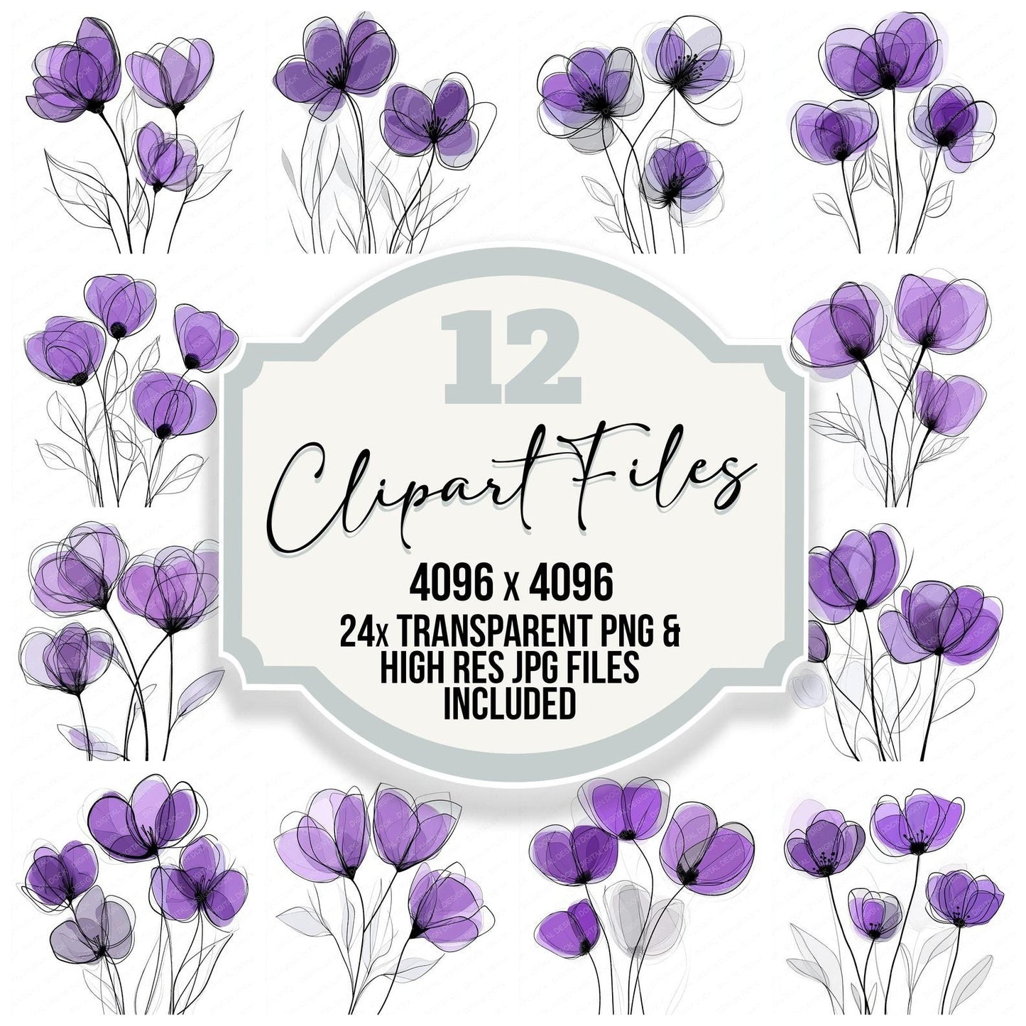 Violet Purple Abstract Flowers Clipart Set (DDD006951)