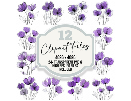 Violet Purple Abstract Flowers clipart set with transparent PNGs and high resolution JPGs for crafting and design projects