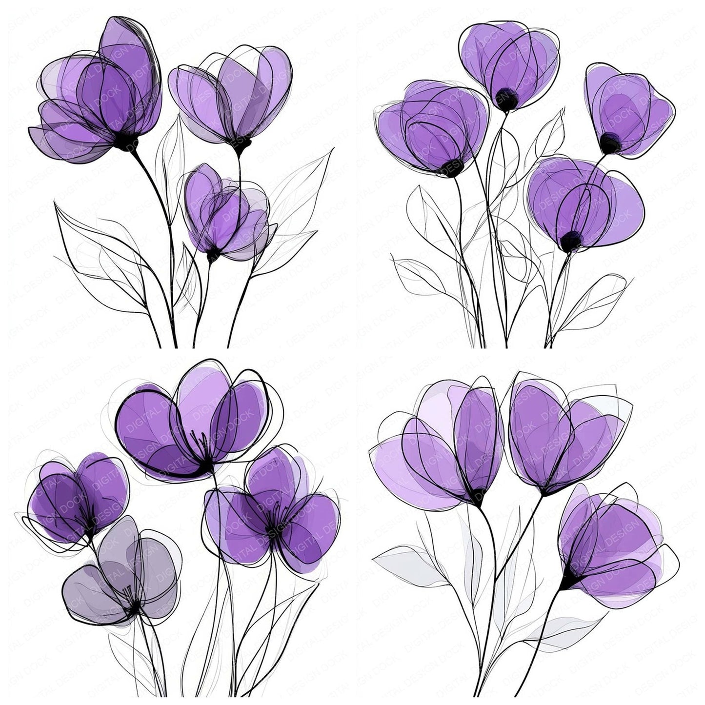 Violet Purple Abstract Flowers Clipart Set (DDD006951)