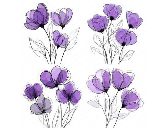 Preview layout showing Violet Purple Abstract Flowers clipart elements for scrapbooking, junk journals, and card making