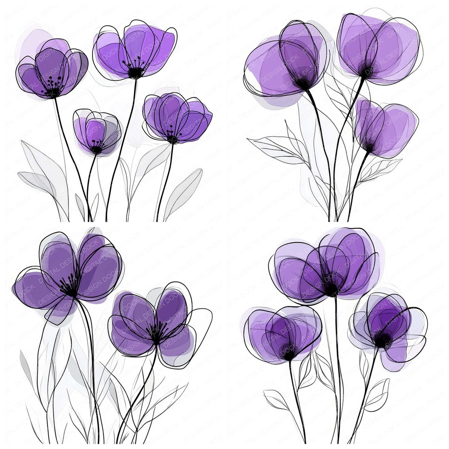 Violet Purple Abstract Flowers Clipart Set (DDD006951)