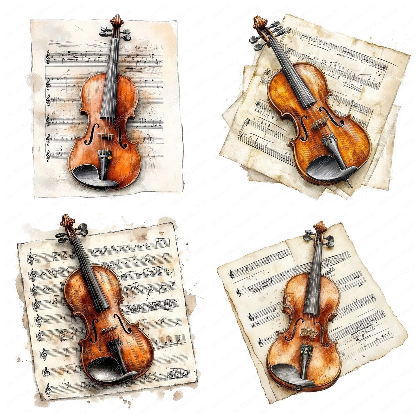 Violin on Music Sheet Clipart Set (DDD006953)