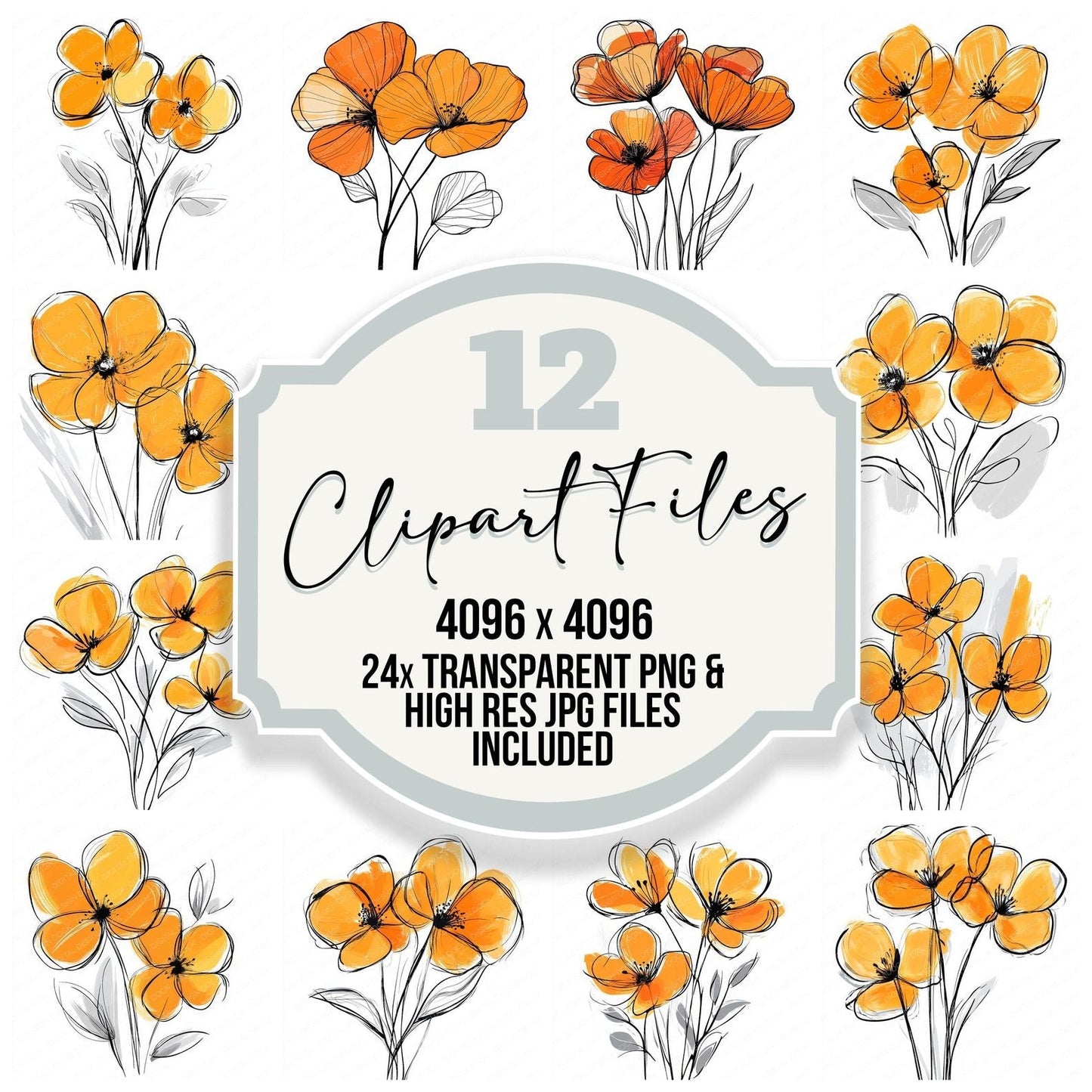 Vivid Orange Abstract Flowers Clipart Set (DDD006957)