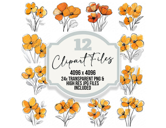 Vivid Orange Abstract Flowers clipart set with transparent PNGs and high resolution JPGs for crafting and design projects