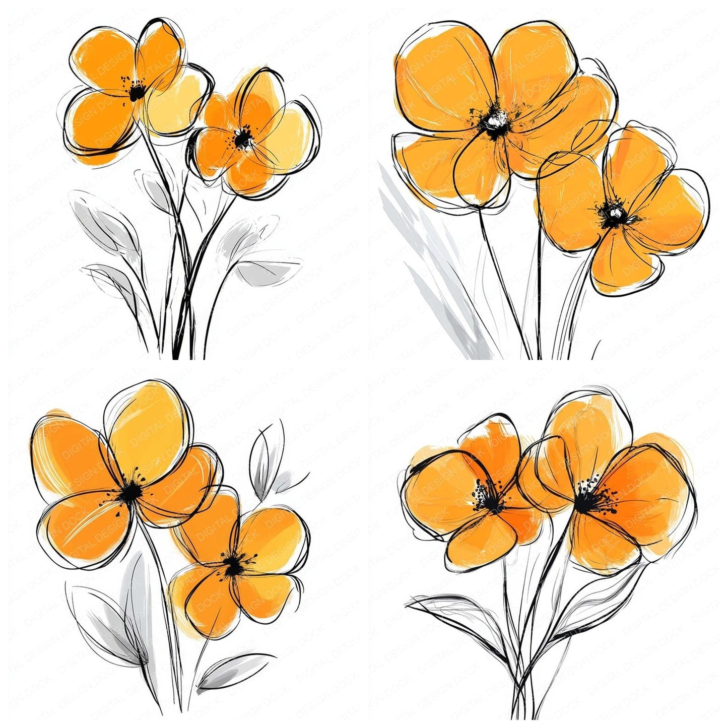 Vivid Orange Abstract Flowers Clipart Set (DDD006957)