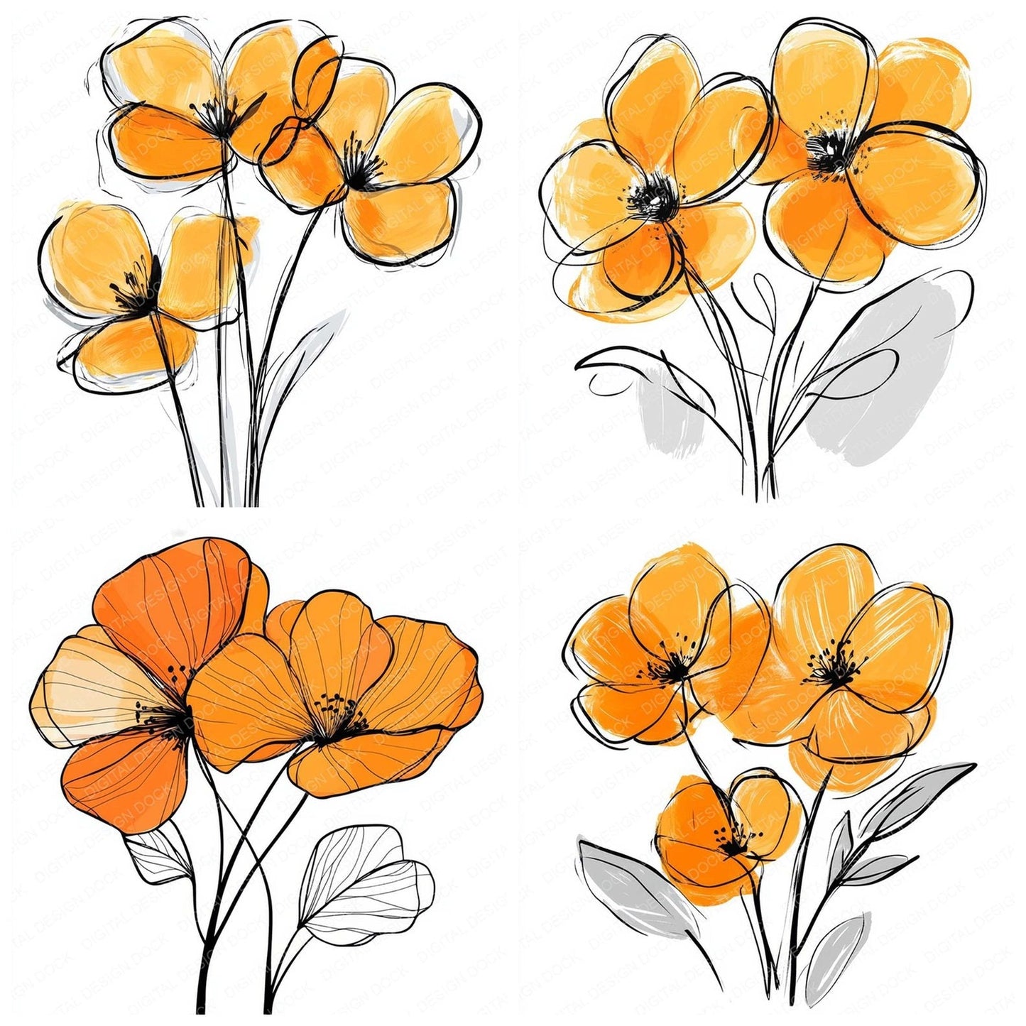 Vivid Orange Abstract Flowers Clipart Set (DDD006957)