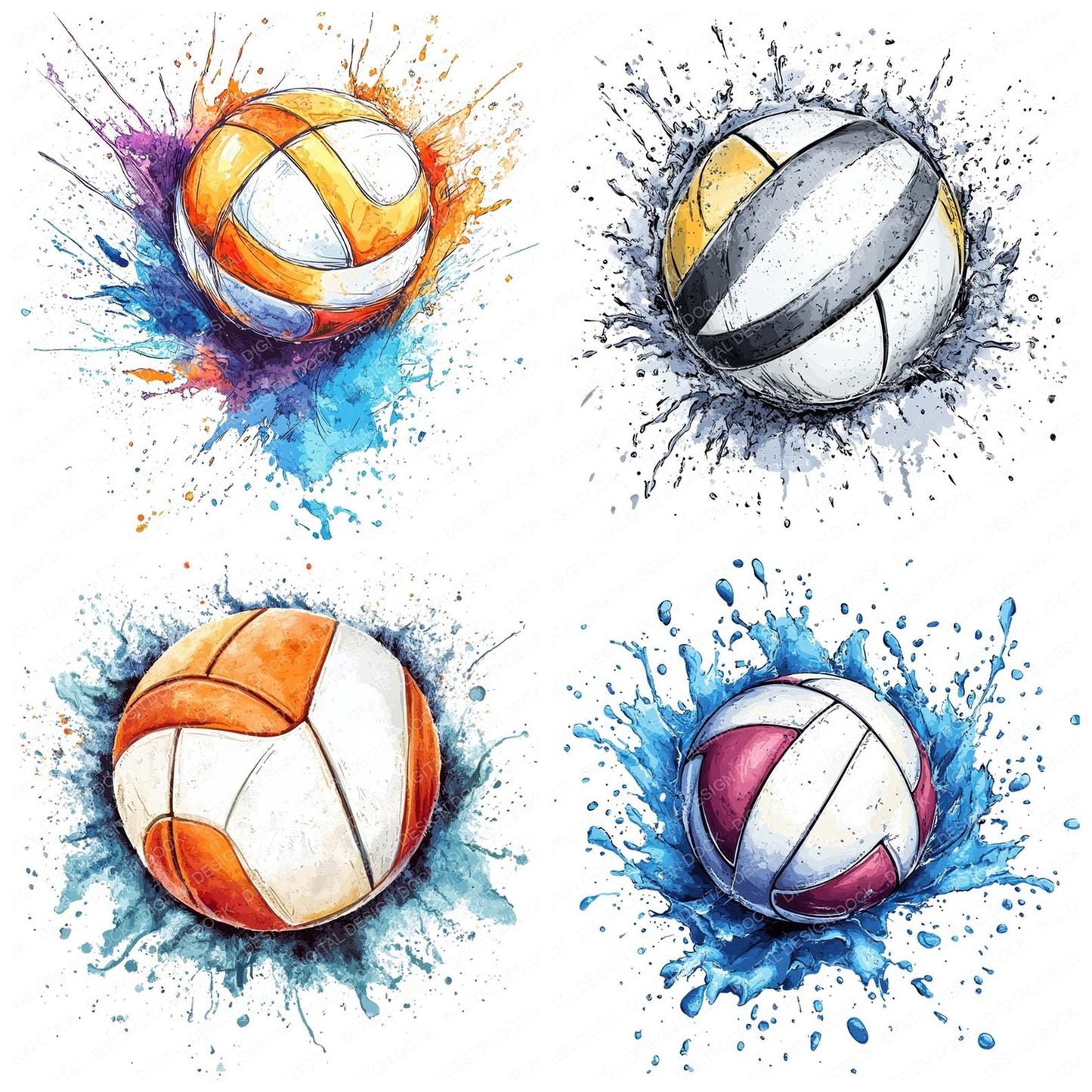 Vollyball Watercolour Splash Clipart Set (DDD006958)