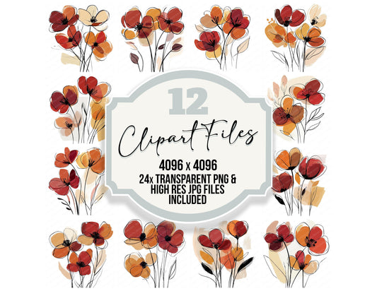 Warm Maroon Abstract Flowers clipart set with transparent PNGs and high resolution JPGs for crafting and design projects