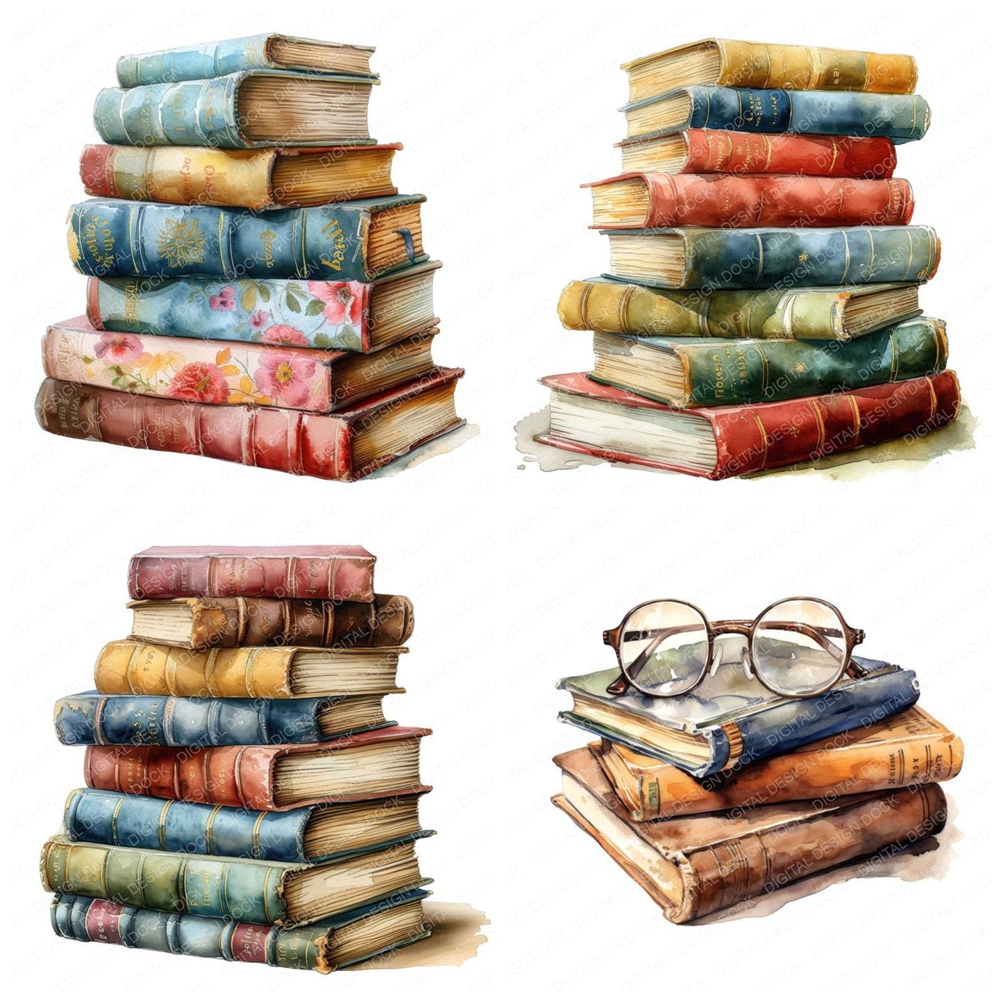 Watercolour Book Pile Clipart Set (DDD006992)