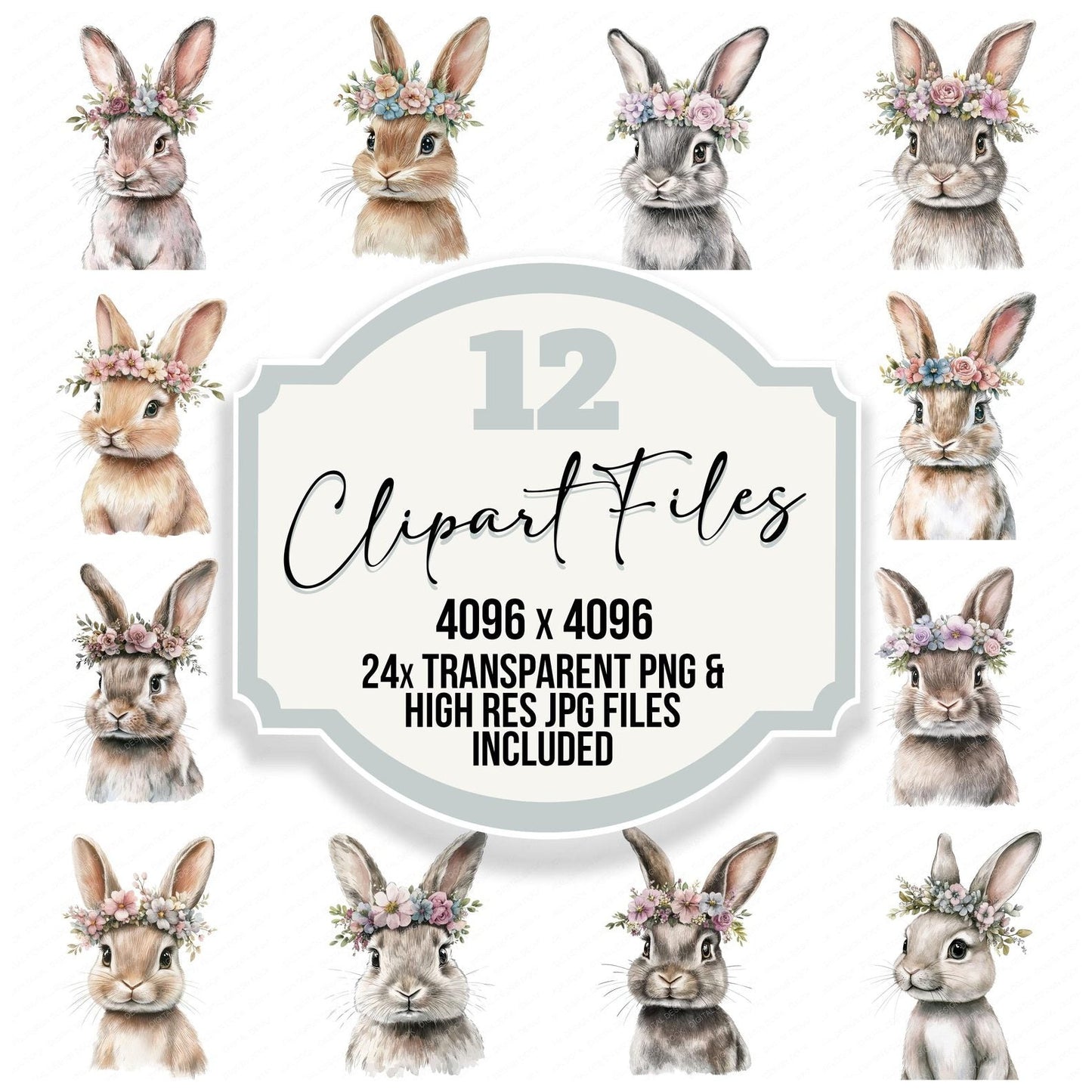 Watercolour Bunny Floral Portrait Clipart Set (DDD007017)