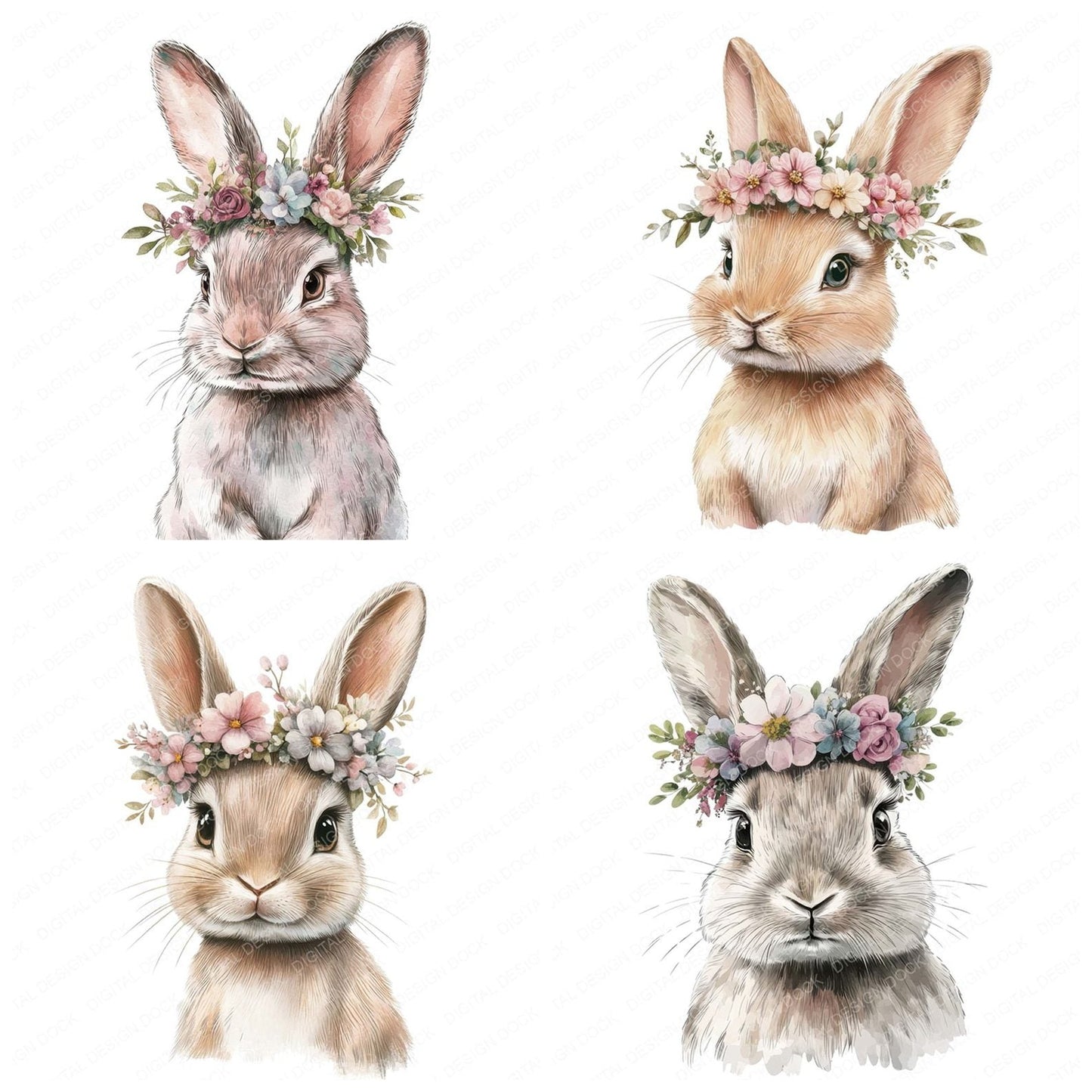 Watercolour Bunny Floral Portrait Clipart Set (DDD007017)