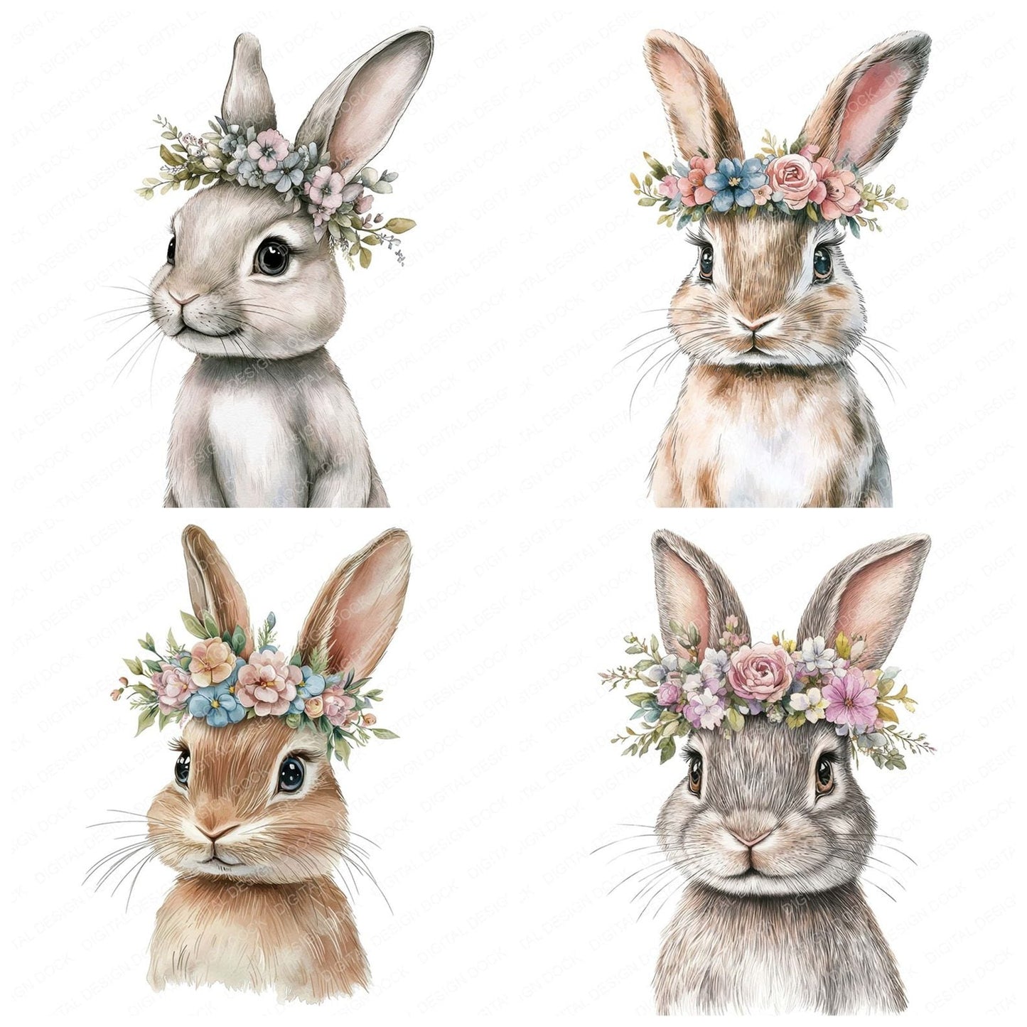 Watercolour Bunny Floral Portrait Clipart Set (DDD007017)
