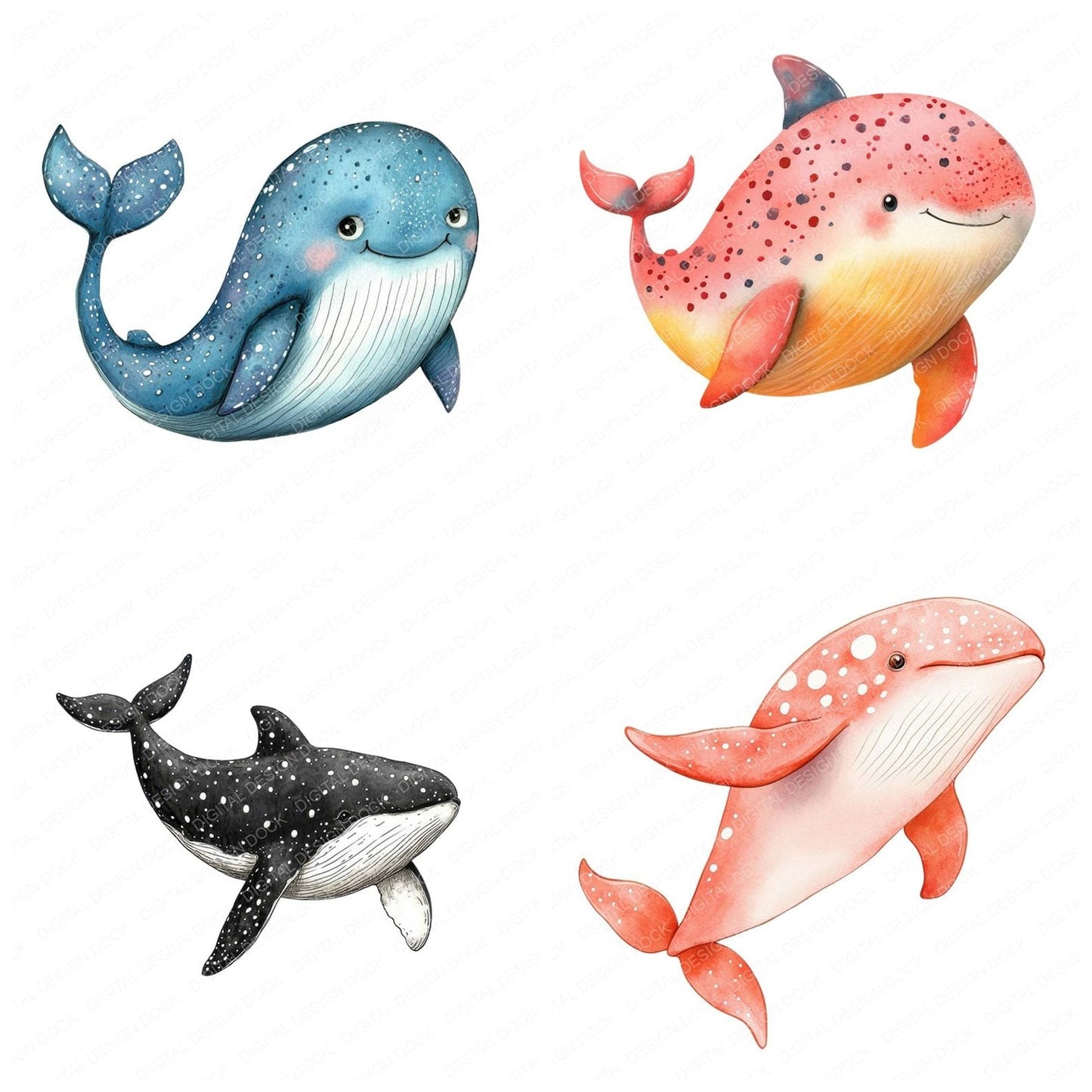Watercolour Cartoon Whale Spots Clipart Set (DDD007028)
