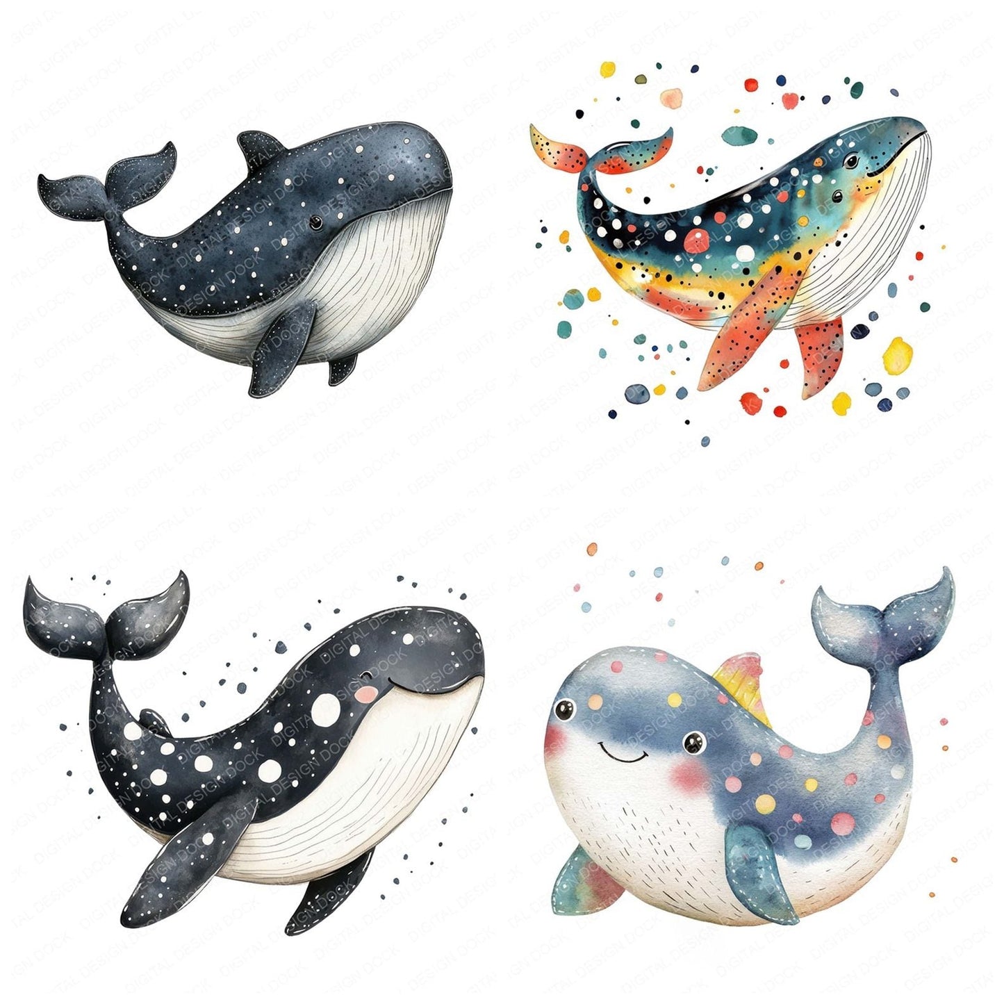 Watercolour Cartoon Whale Spots Clipart Set (DDD007028)