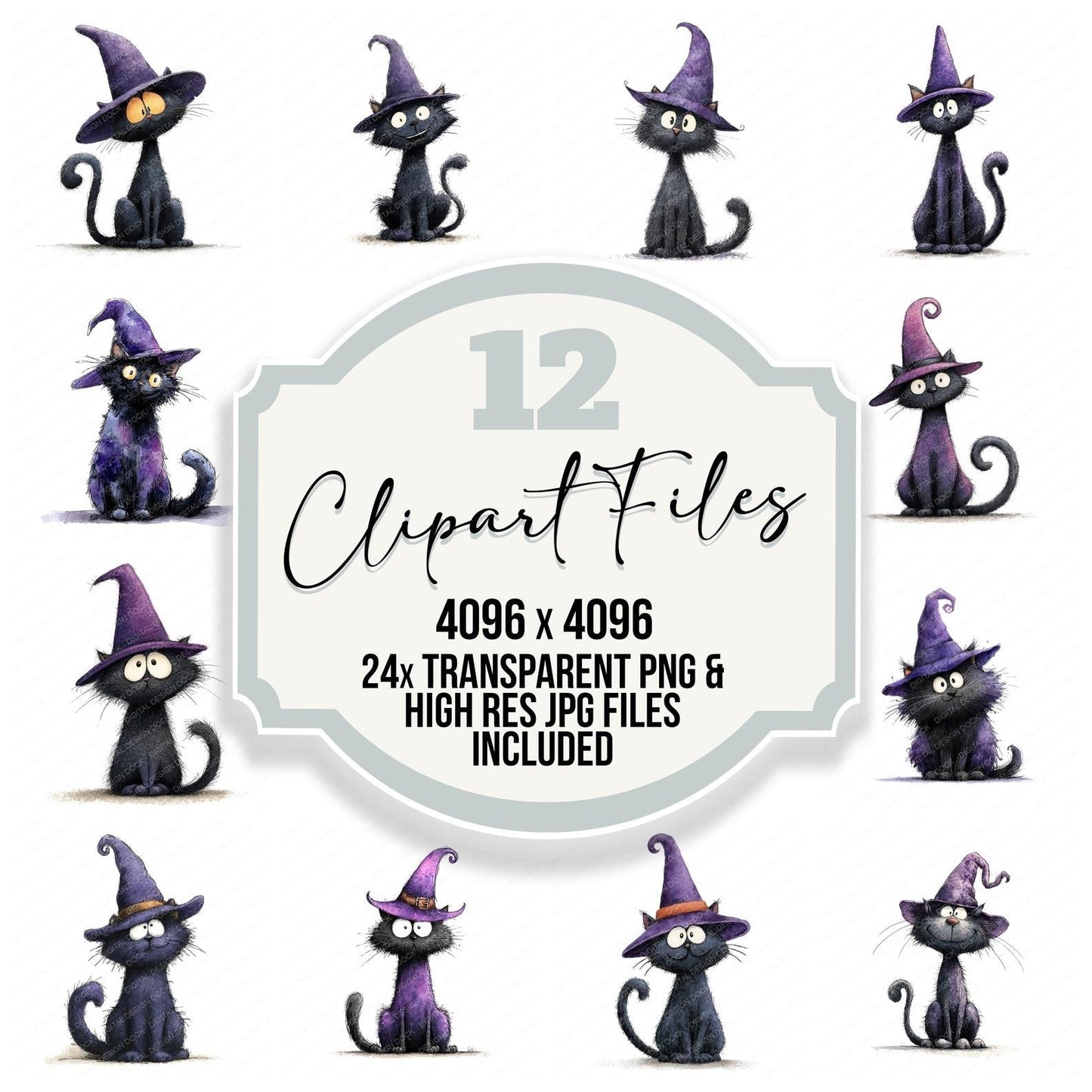 Watercolour Cat Witch Hat Clipart Set (DDD007032)