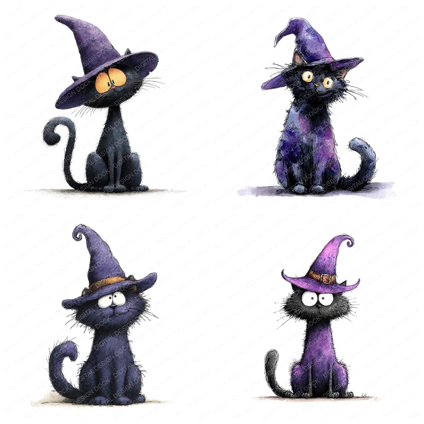 Watercolour Cat Witch Hat Clipart Set (DDD007032)