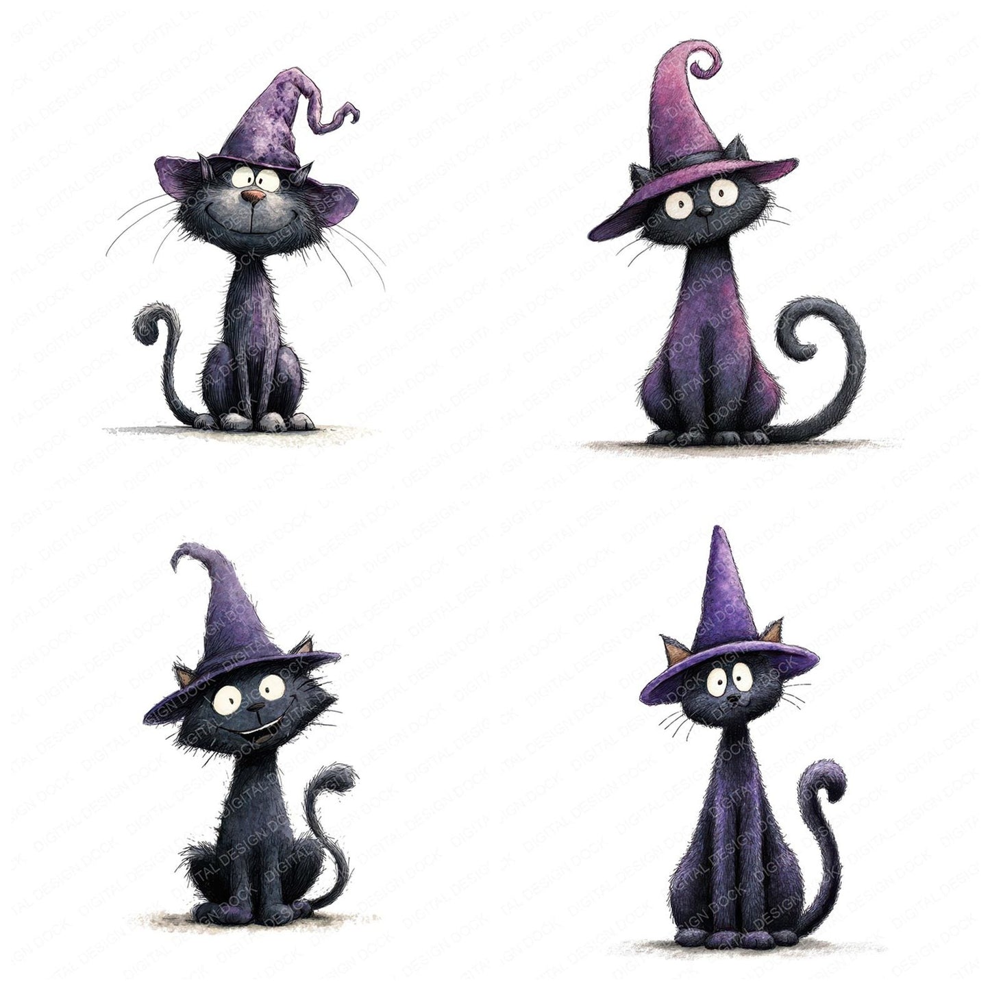Watercolour Cat Witch Hat Clipart Set (DDD007032)