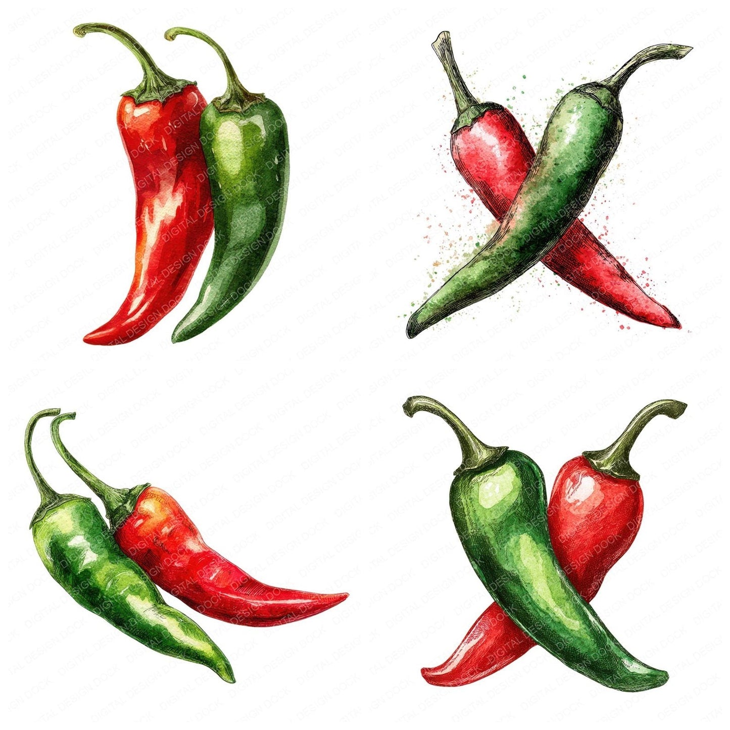 Watercolour Chili Peppers Clipart Set (DDD007037)