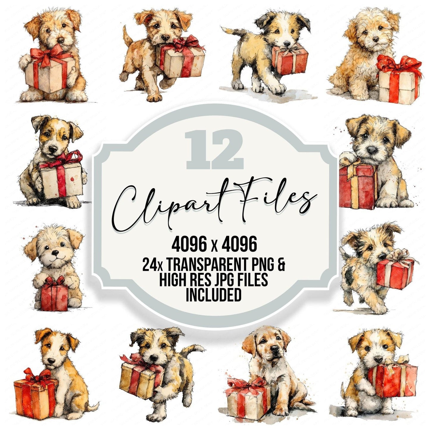 Watercolour Christmas Puppy Present Clipart Set (DDD007058)