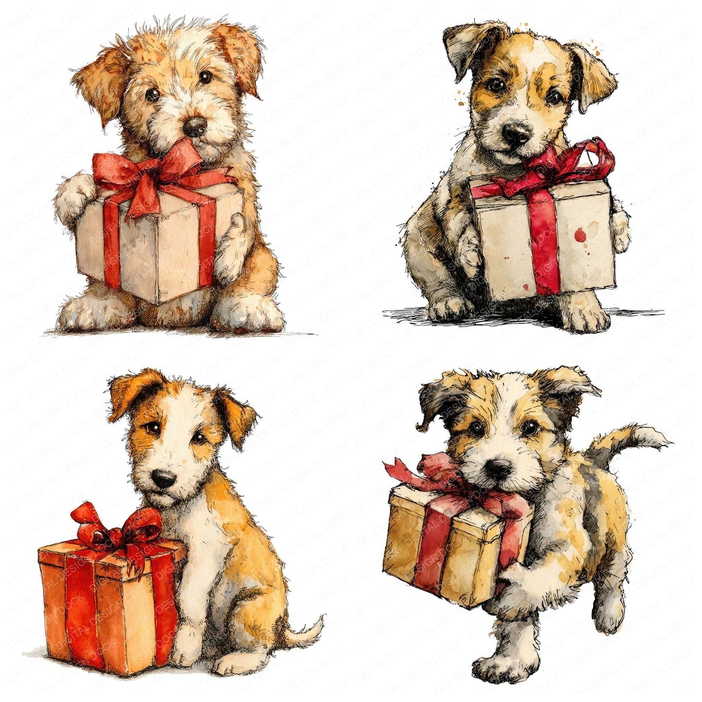 Watercolour Christmas Puppy Present Clipart Set (DDD007058)