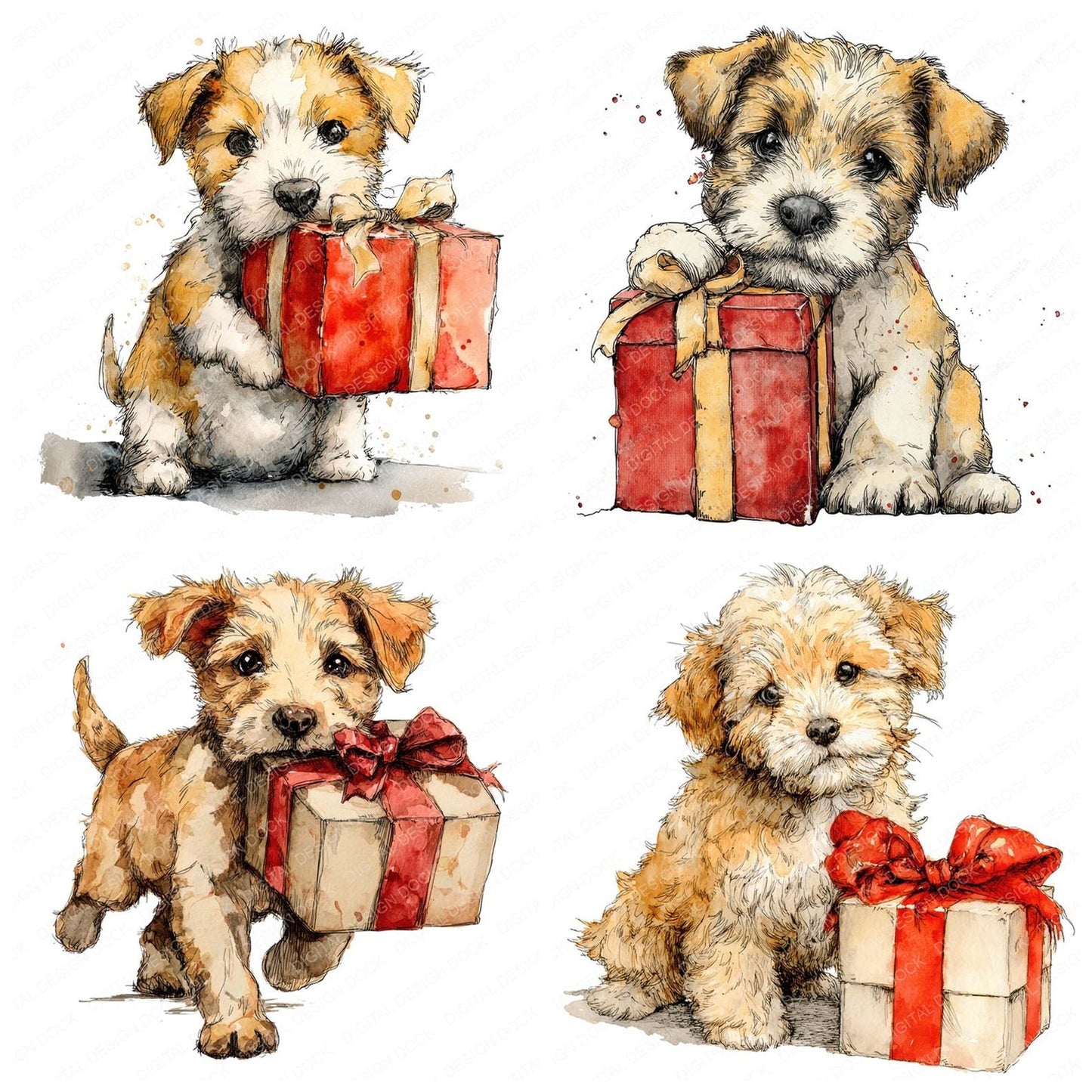 Watercolour Christmas Puppy Present Clipart Set (DDD007058)
