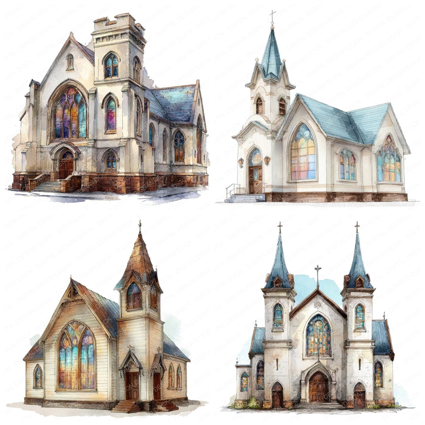 Watercolour Church Buildings Clipart Set (DDD007065)