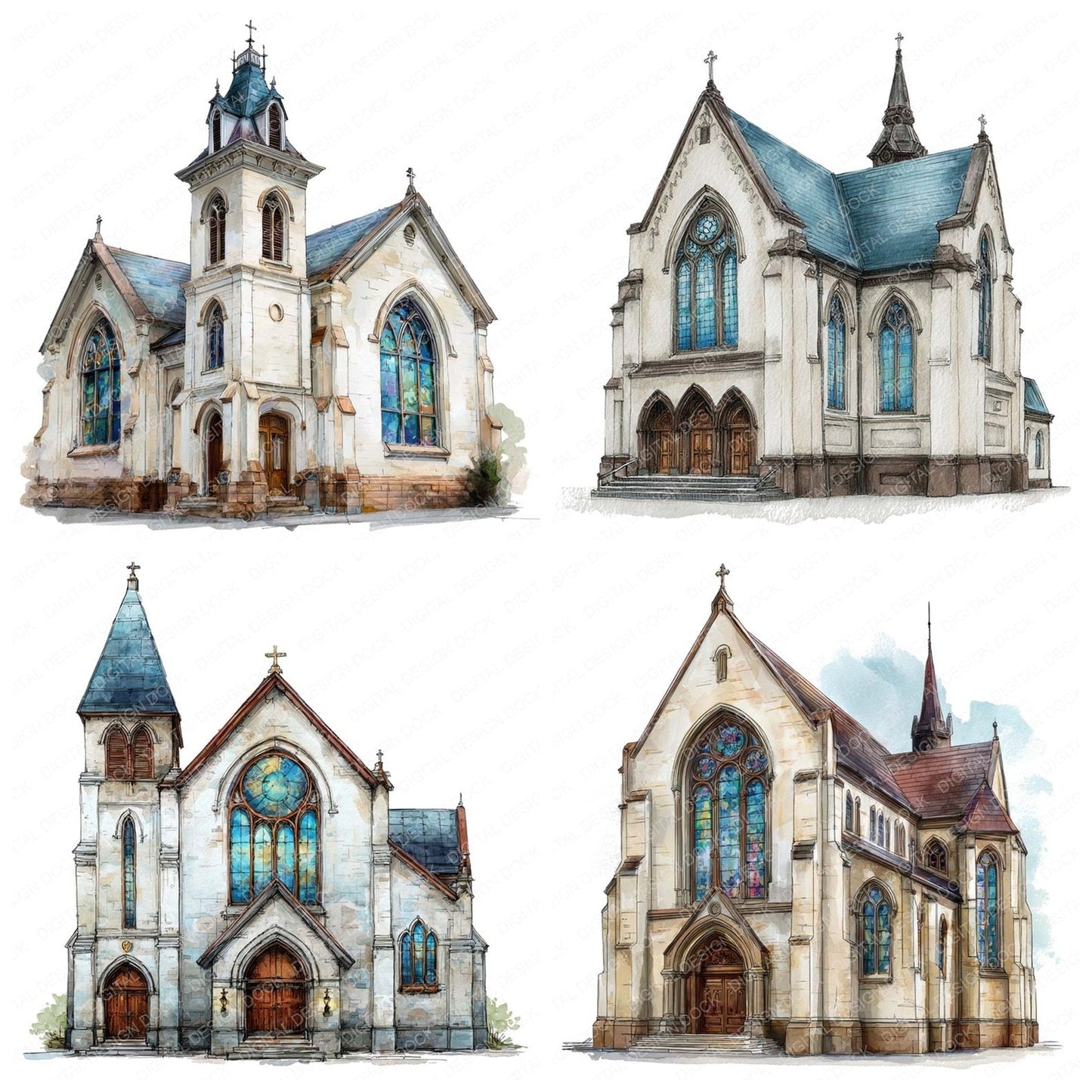 Watercolour Church Buildings Clipart Set (DDD007065)
