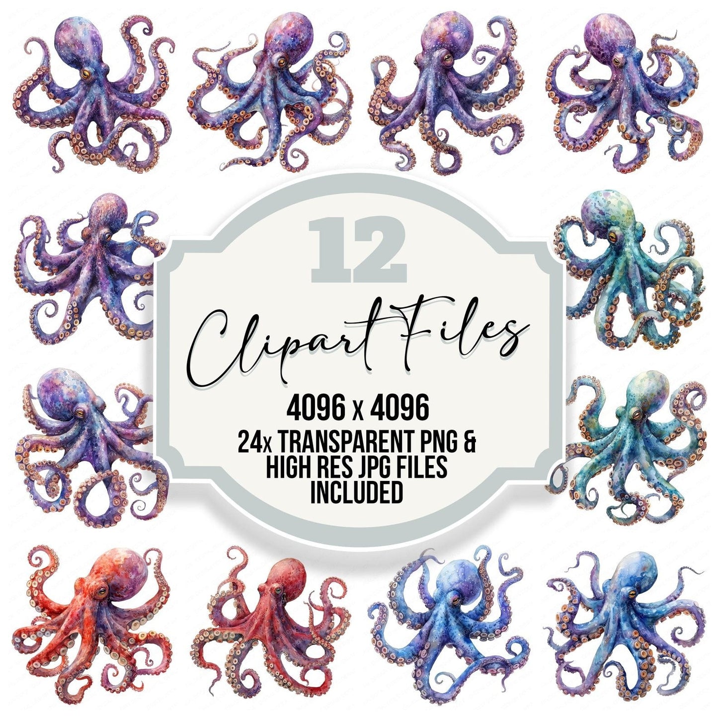 Watercolour Colourful Octopus Clipart Set (DDD007067)