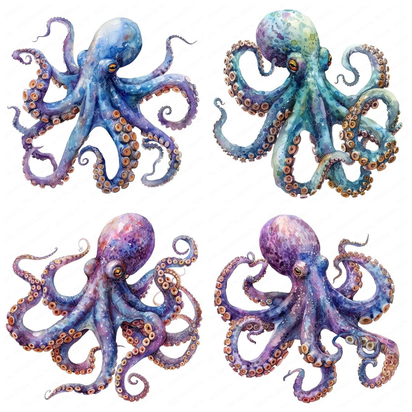 Watercolour Colourful Octopus Clipart Set (DDD007067)