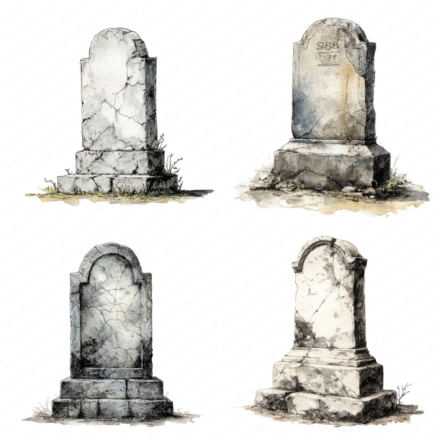 Watercolour Cracked Gravestone Clipart Set (DDD007071)