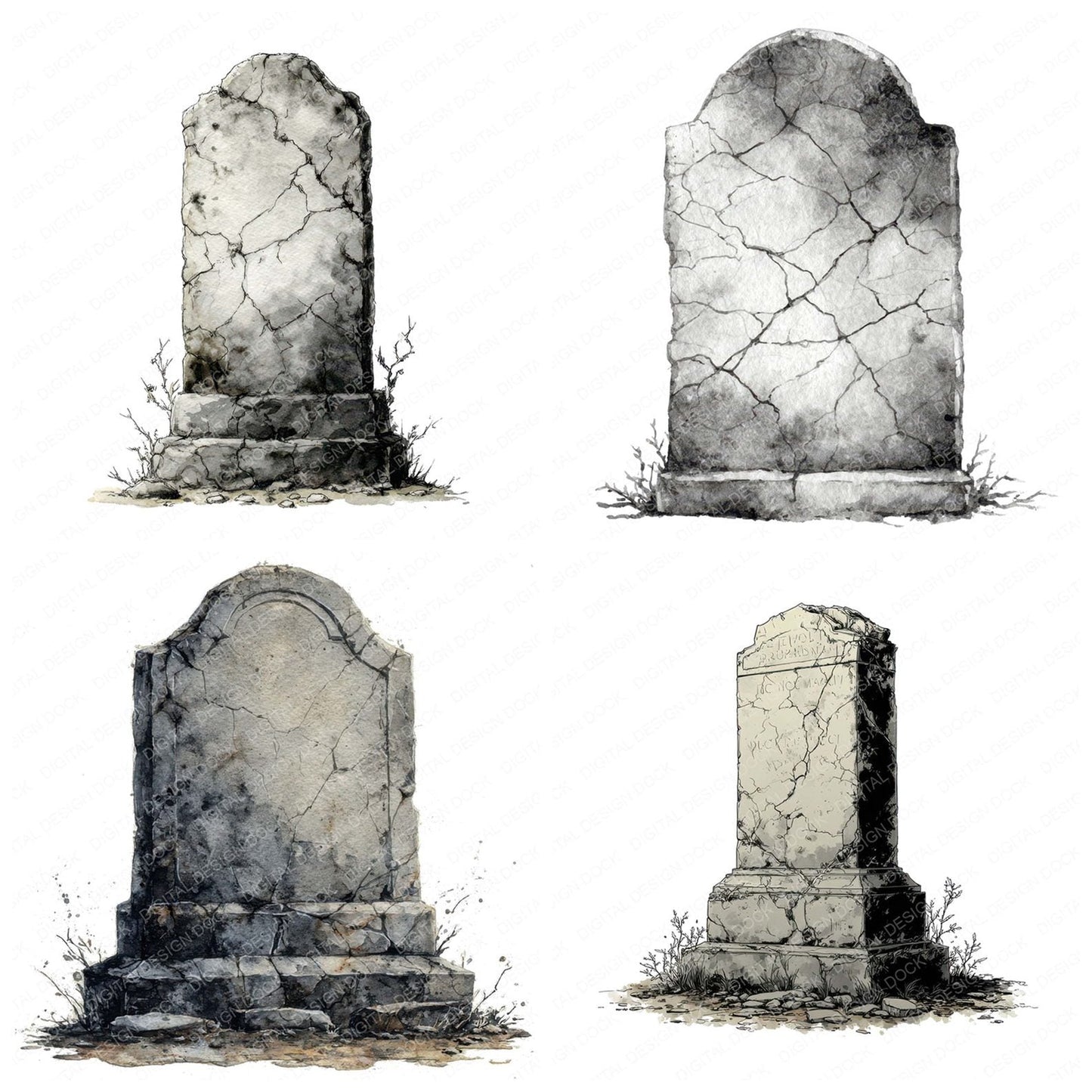 Watercolour Cracked Gravestone Clipart Set (DDD007071)