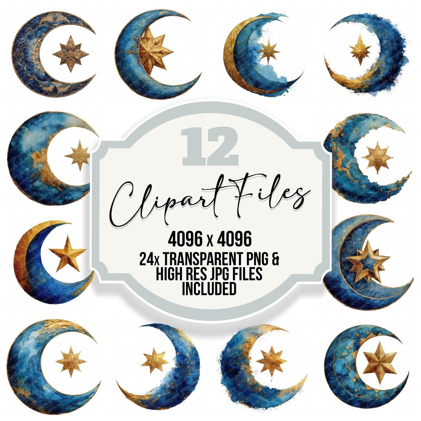 Watercolour Crescent Star Clipart Set (DDD007076)