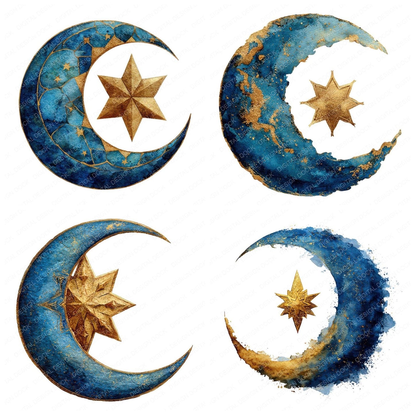 Watercolour Crescent Star Clipart Set (DDD007076)