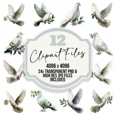 Watercolour Dove Olive clipart set cover showing the designs and file details