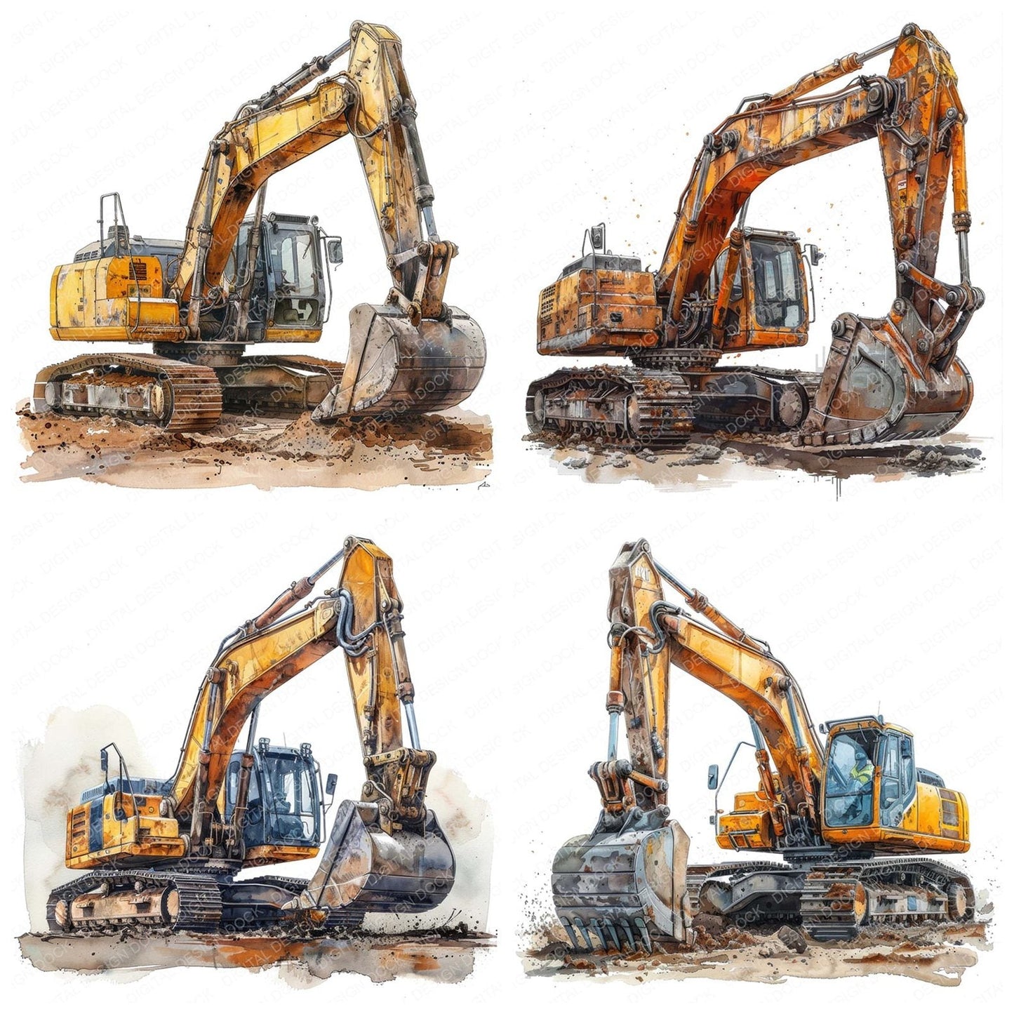 Watercolour Excavator Clipart Set (DDD007107)