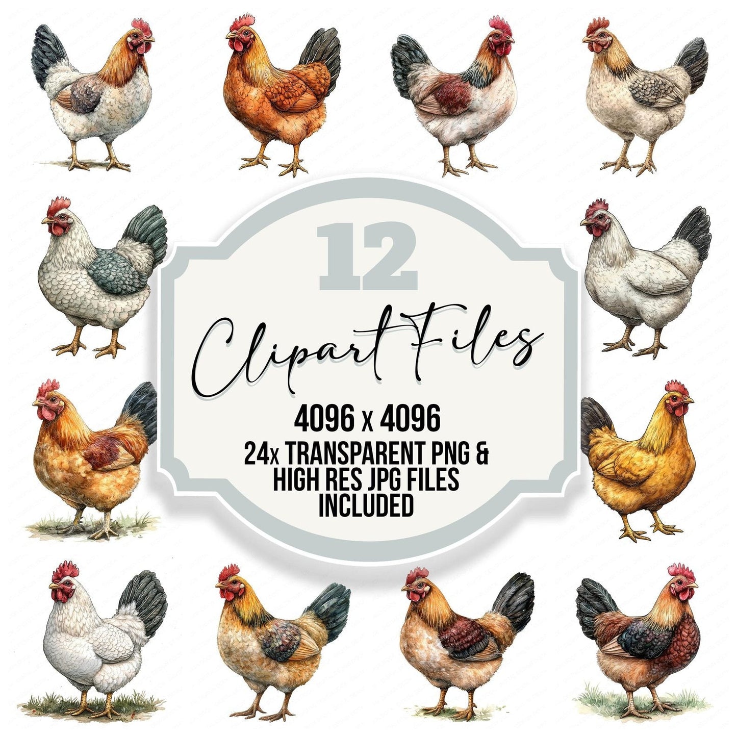 Watercolour Farm Chicken Clipart Set (DDD007110)
