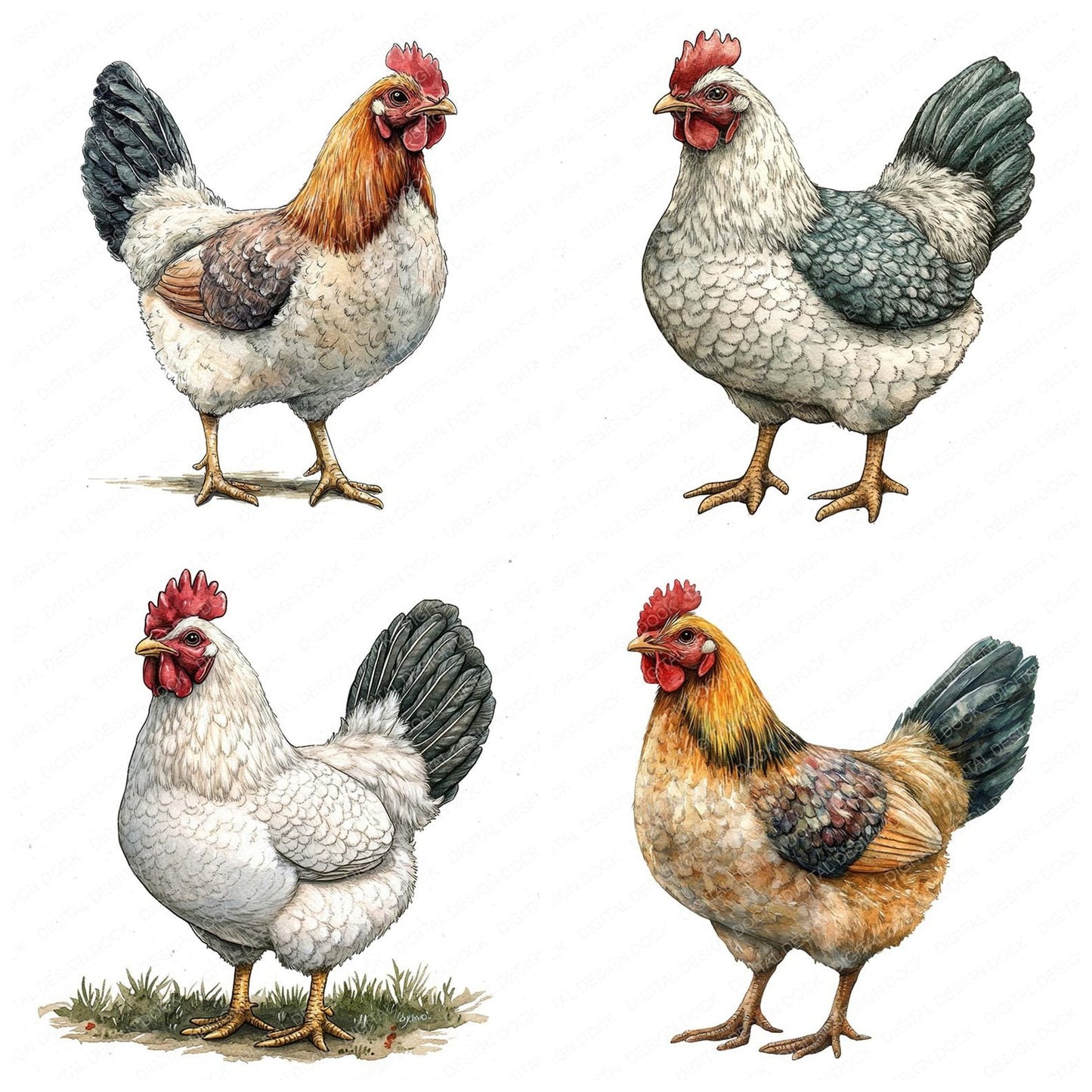 Watercolour Farm Chicken Clipart Set (DDD007110)